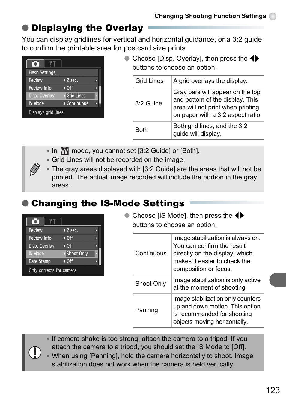 P. 123), Displaying the overlay, Changing the is-mode settings | Canon A3150 IS User Manual | Page 123 / 147