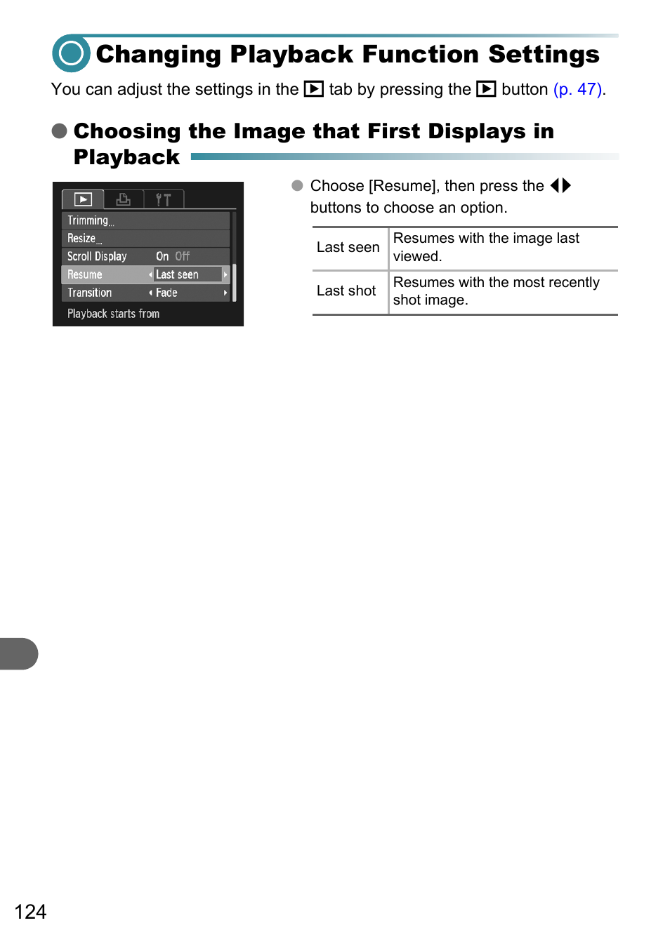 Changing playback function settings, Choosing the image that first displays in playback | Canon A3150 IS User Manual | Page 124 / 147