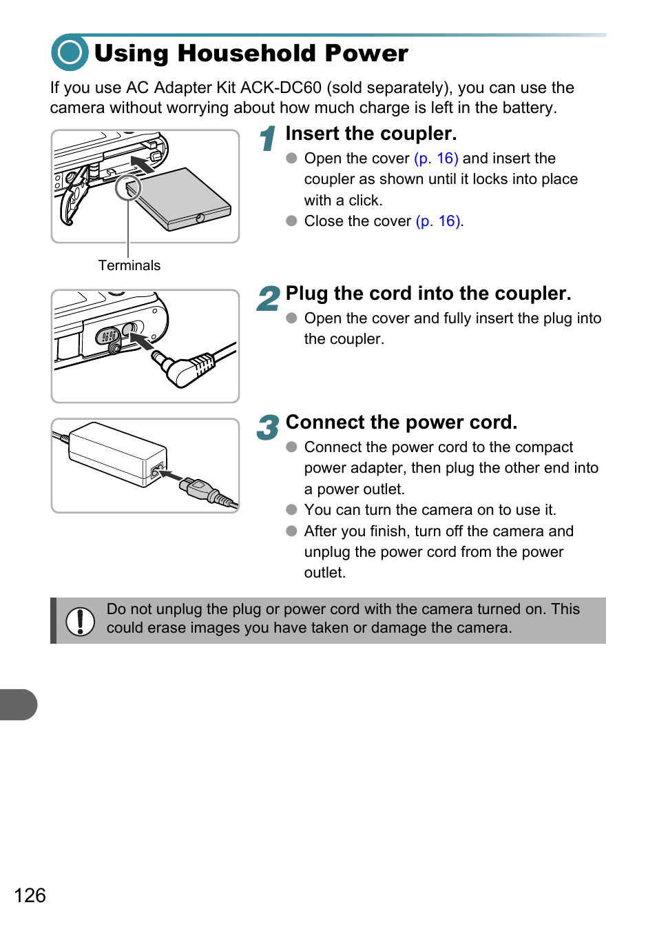 Using household power, Inal cover, P. 126) | Canon A3150 IS User Manual | Page 126 / 147