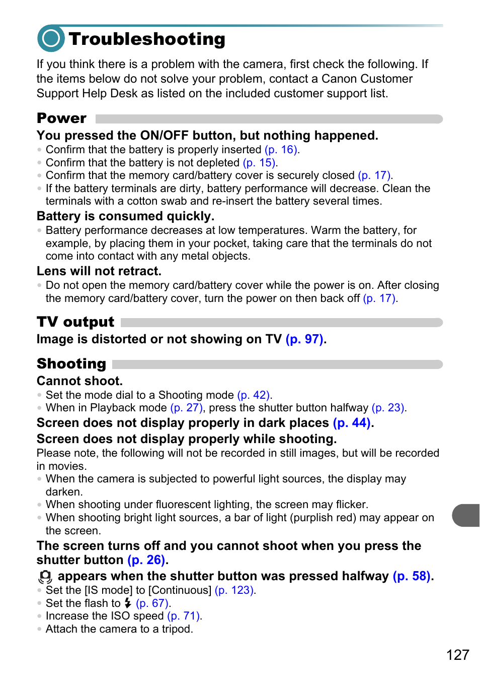 Troubleshooting, Power, Tv output | Shooting | Canon A3150 IS User Manual | Page 127 / 147