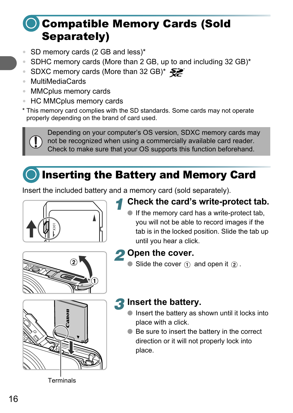 Compatible memory cards (sold separately), Inserting the battery and memory card | Canon A3150 IS User Manual | Page 16 / 147