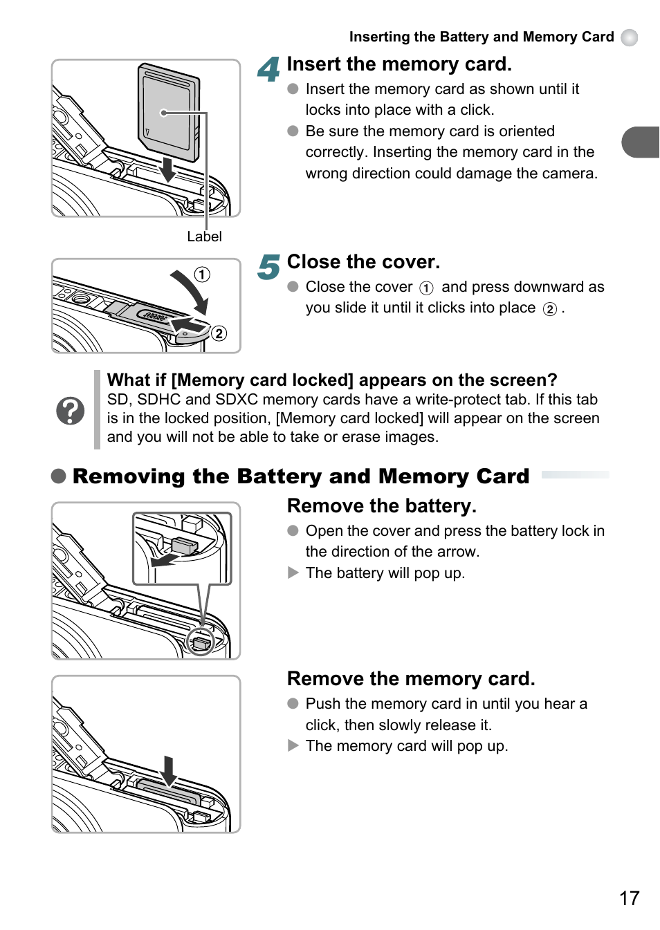 Close the cover, Remove the battery | Canon A3150 IS User Manual | Page 17 / 147