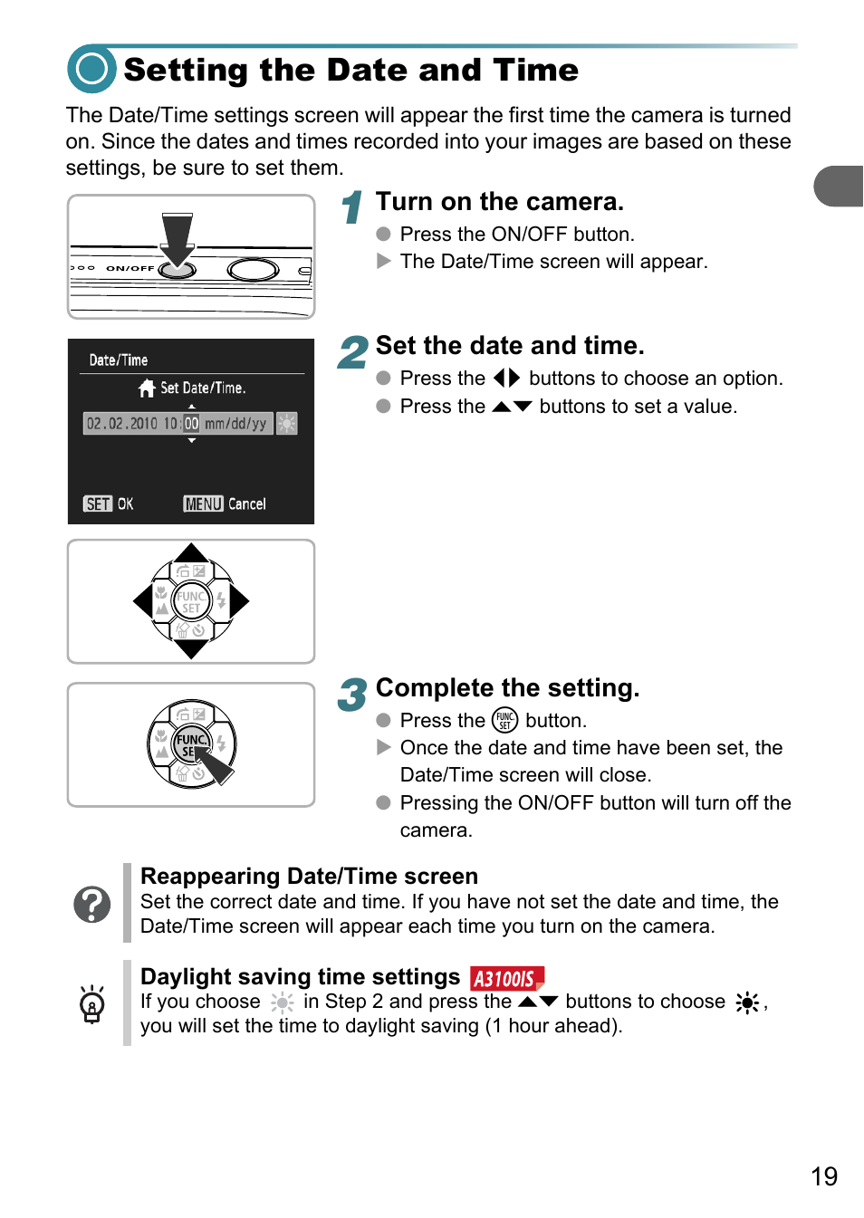 Setting the date and time | Canon A3150 IS User Manual | Page 19 / 147