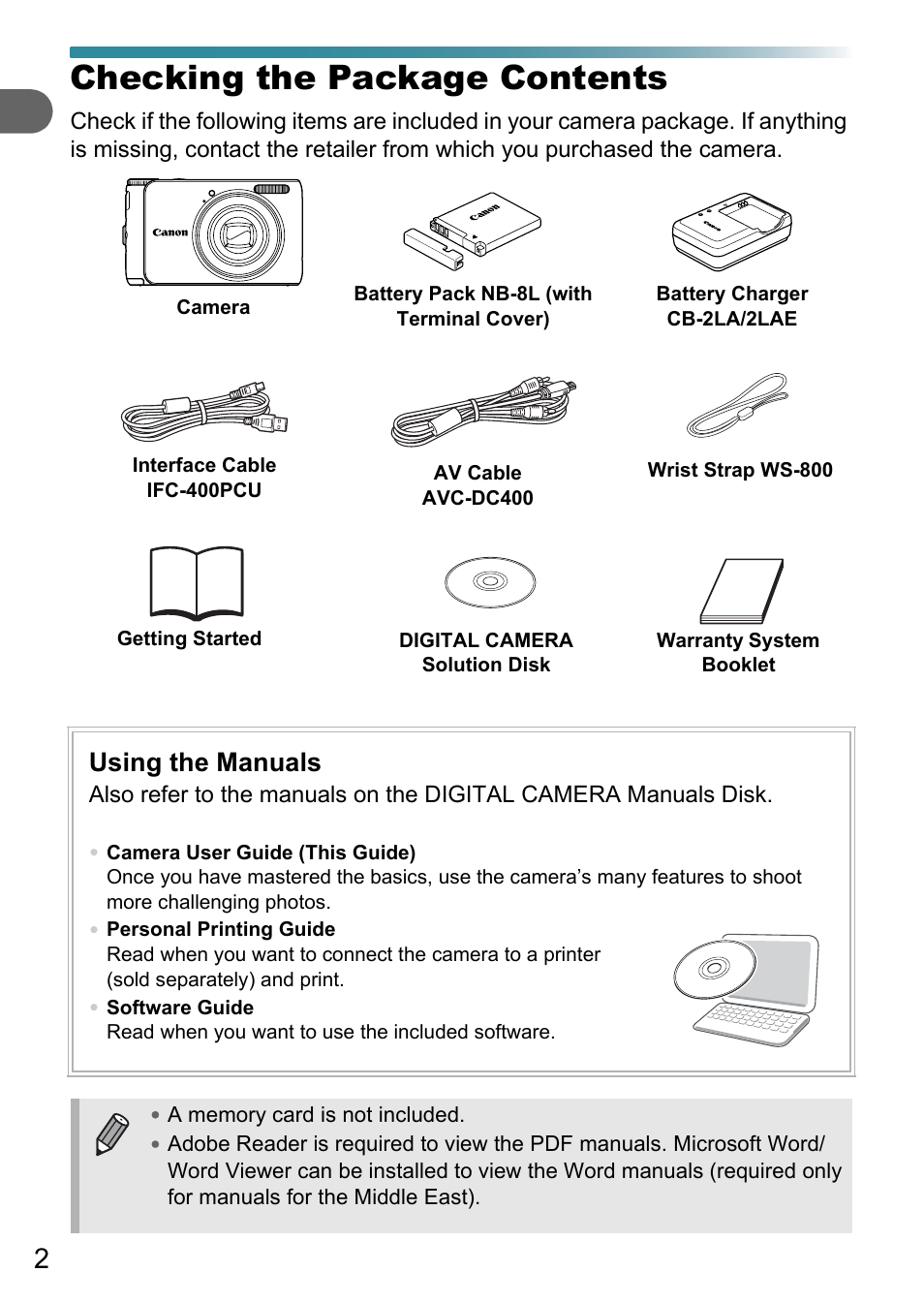 Checking the package contents, Using the manuals | Canon A3150 IS User Manual | Page 2 / 147