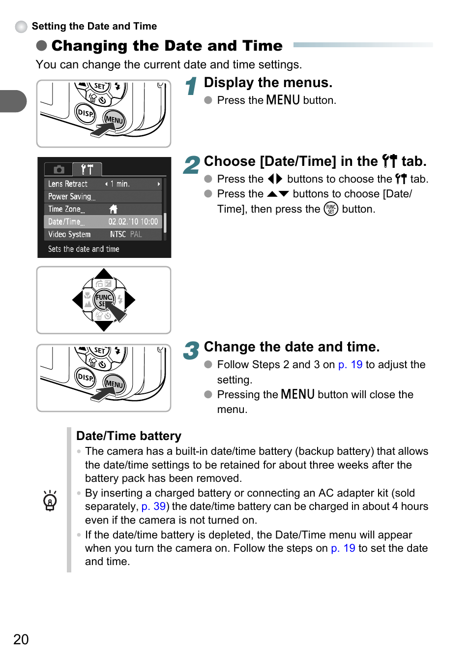Changing the date and time, Display the menus, Choose [date/time] in the 3 tab | Change the date and time | Canon A3150 IS User Manual | Page 20 / 147