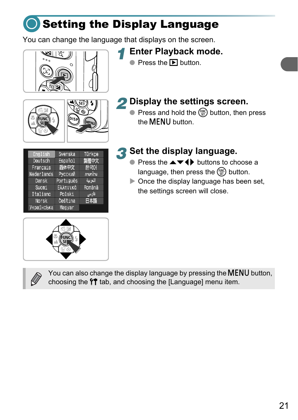 Setting the display language | Canon A3150 IS User Manual | Page 21 / 147