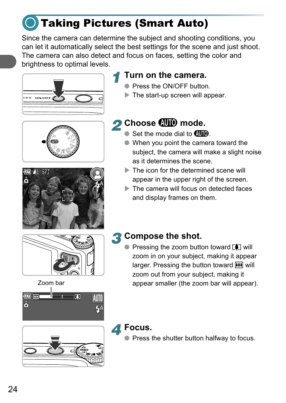 Taking pictures (smart auto) | Canon A3150 IS User Manual | Page 24 / 147