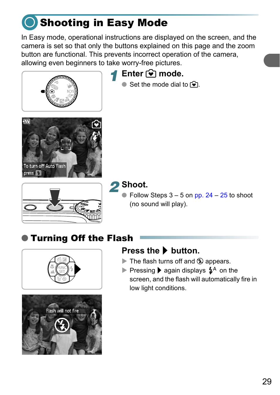 Shooting in easy mode, Turning off the flash | Canon A3150 IS User Manual | Page 29 / 147