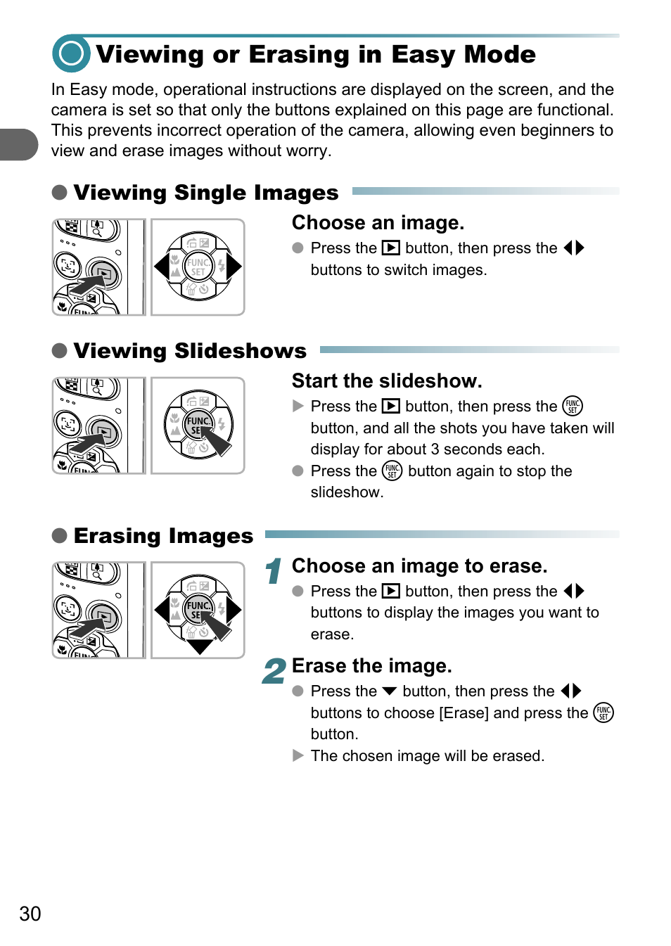 Viewing or erasing in easy mode, Viewing single images, Viewing slideshows | Erasing images | Canon A3150 IS User Manual | Page 30 / 147