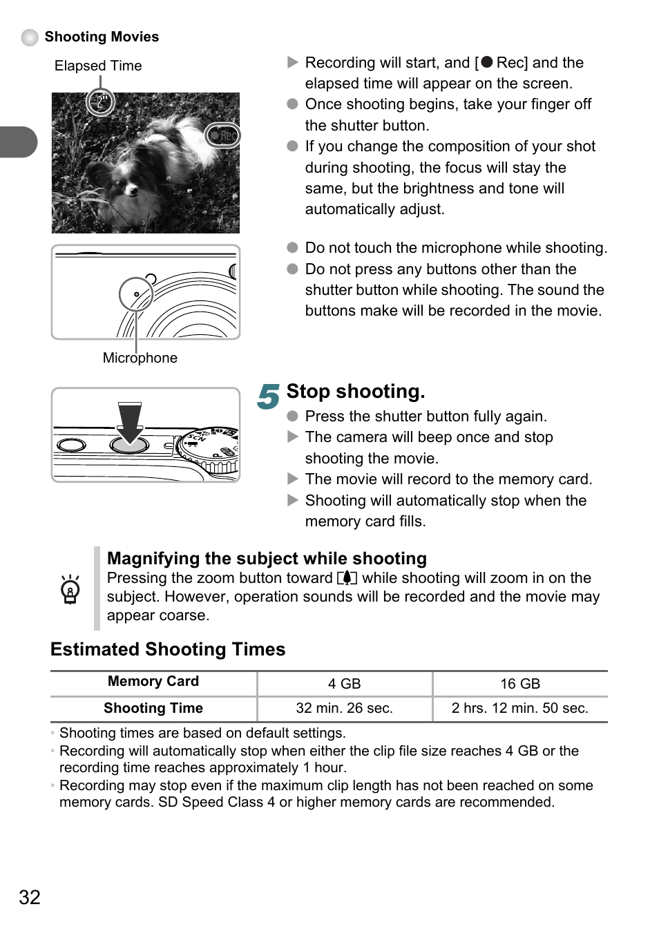 Stop shooting, Estimated shooting times | Canon A3150 IS User Manual | Page 32 / 147
