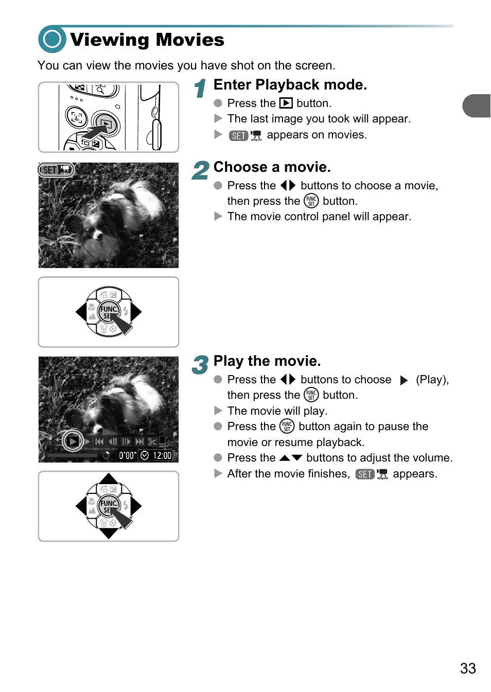 Viewing movies, Enter playback mode, Choose a movie | Play the movie | Canon A3150 IS User Manual | Page 33 / 147