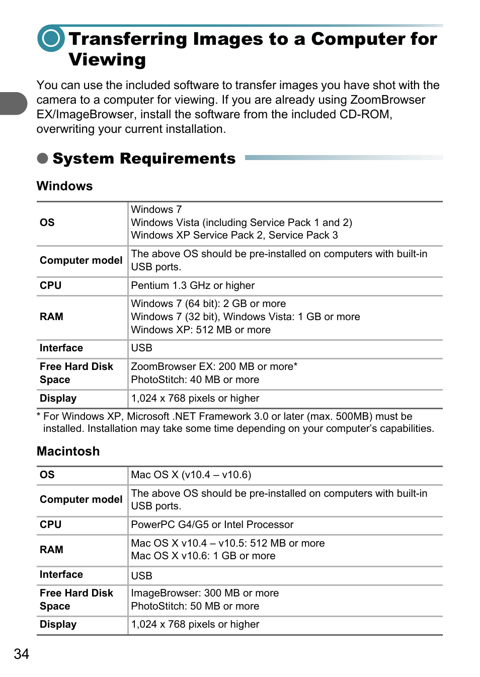 Transferring images to a computer for viewing, System requirements | Canon A3150 IS User Manual | Page 34 / 147