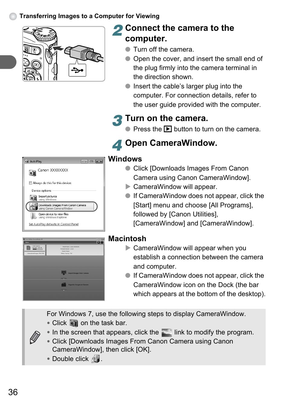 Connect the camera to the computer, Turn on the camera, Open camerawindow | Canon A3150 IS User Manual | Page 36 / 147