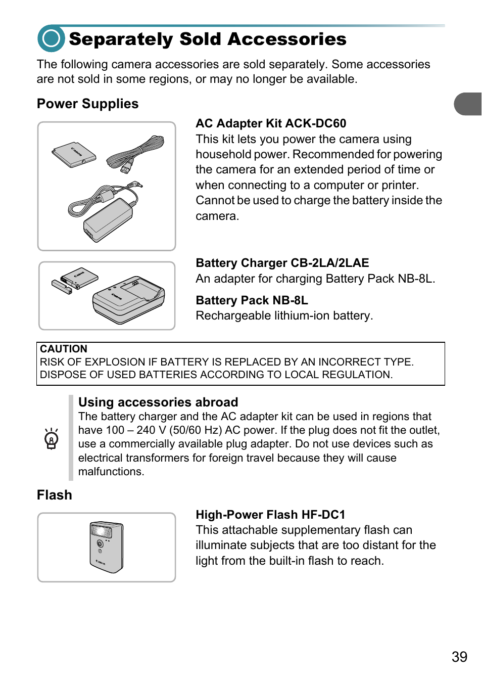 Separately sold accessories, P. 39 | Canon A3150 IS User Manual | Page 39 / 147