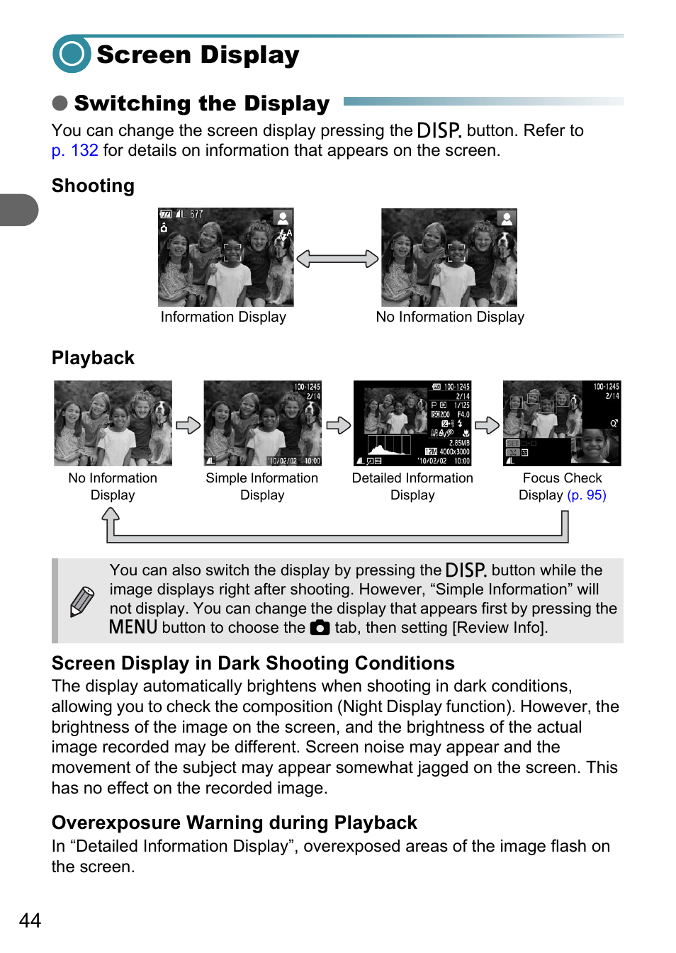 Screen display, Pp. 44, Switching the display | Canon A3150 IS User Manual | Page 44 / 147