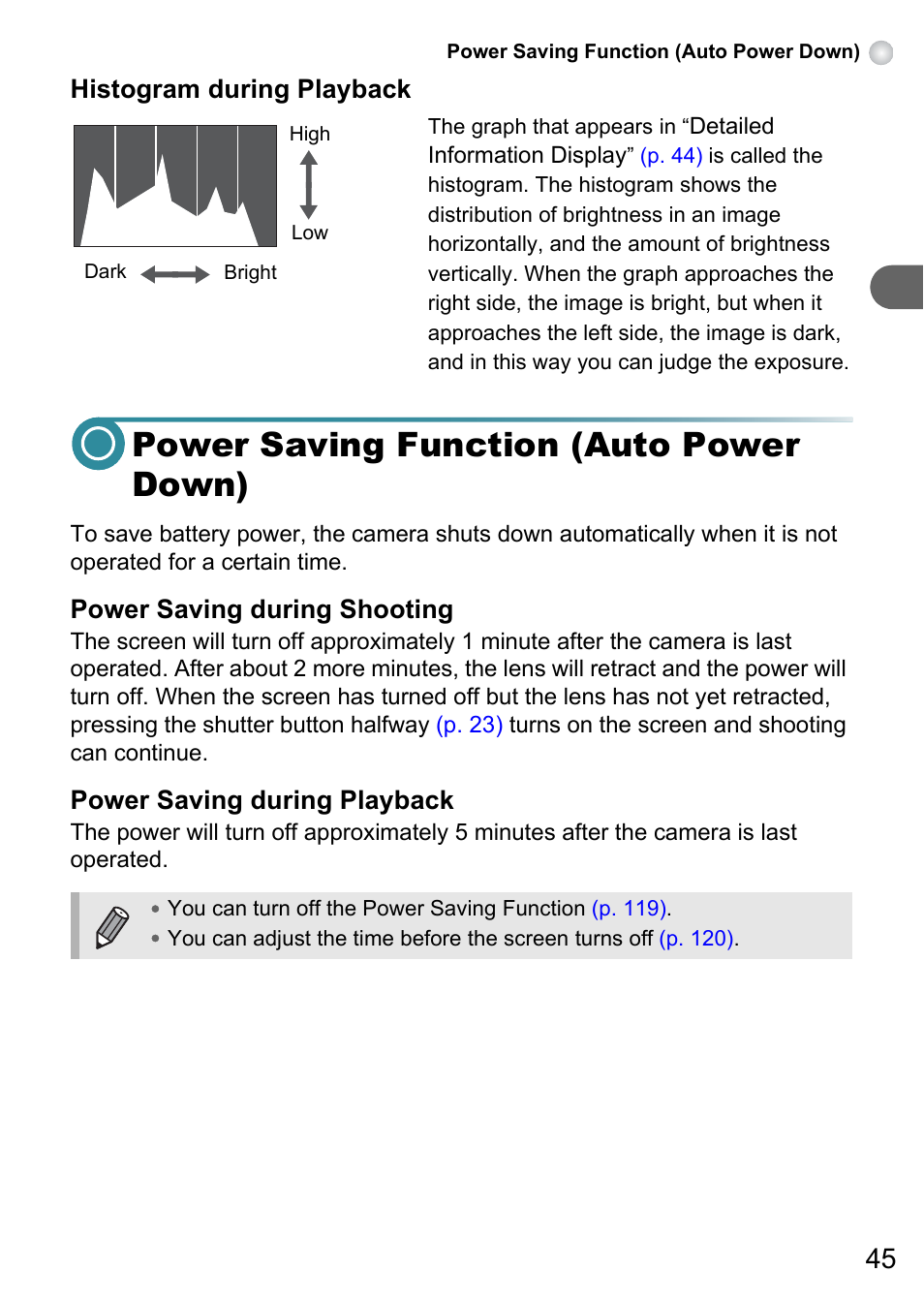 Power saving function (auto power down) | Canon A3150 IS User Manual | Page 45 / 147