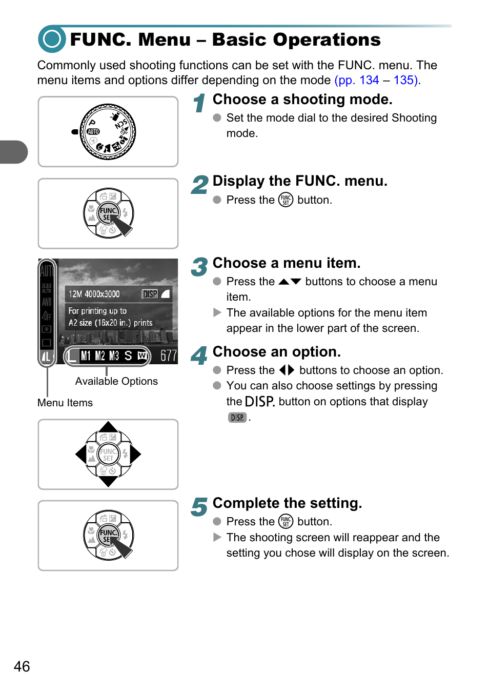 Func. menu - basic operations, Func. menu – basic operations, P. 46) | Canon A3150 IS User Manual | Page 46 / 147