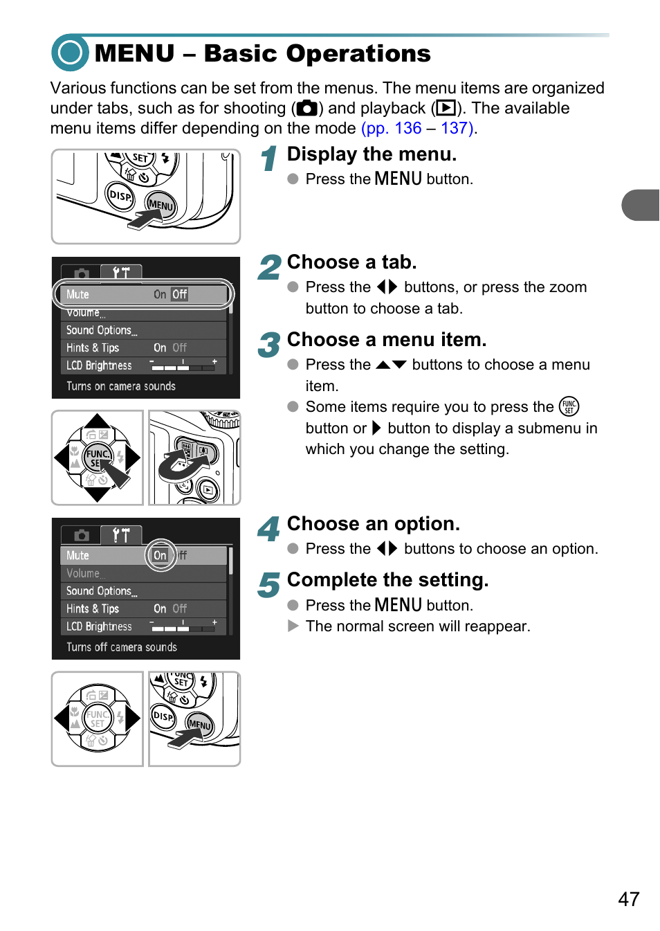 Menu - basic operations, Menu – basic operations, P. 47) | Canon A3150 IS User Manual | Page 47 / 147