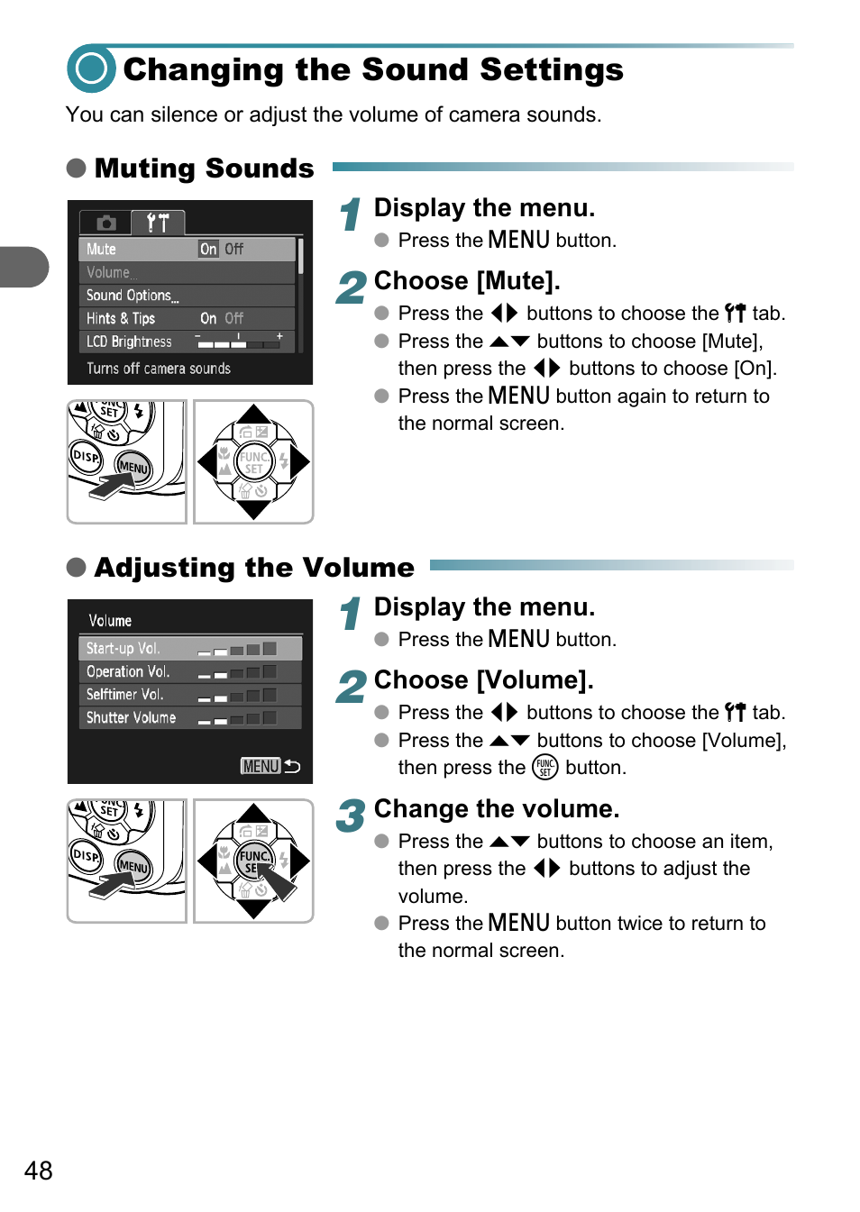 Changing the sound settings, Muting sounds, Adjusting the volume | Canon A3150 IS User Manual | Page 48 / 147