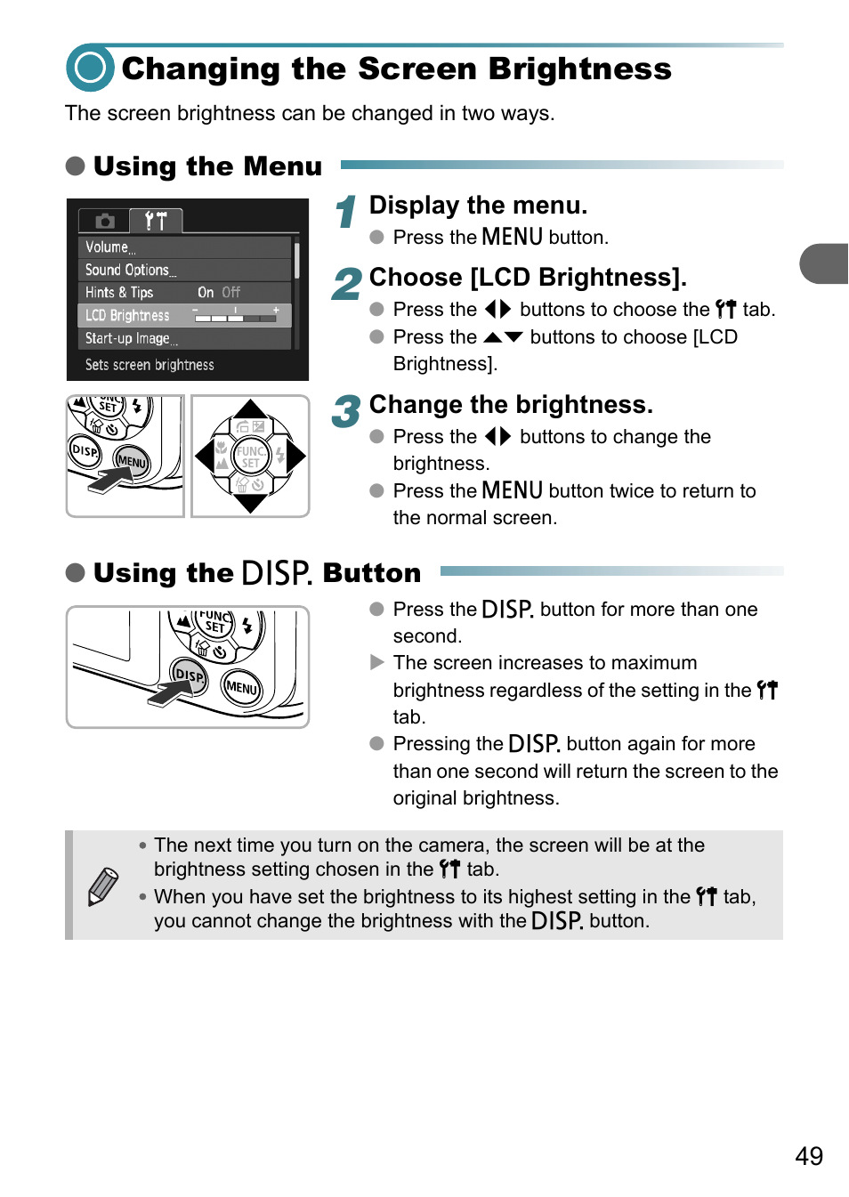 Changing the screen brightness, Using the menu, Using the l button | Display the menu, Choose [lcd brightness, Change the brightness | Canon A3150 IS User Manual | Page 49 / 147