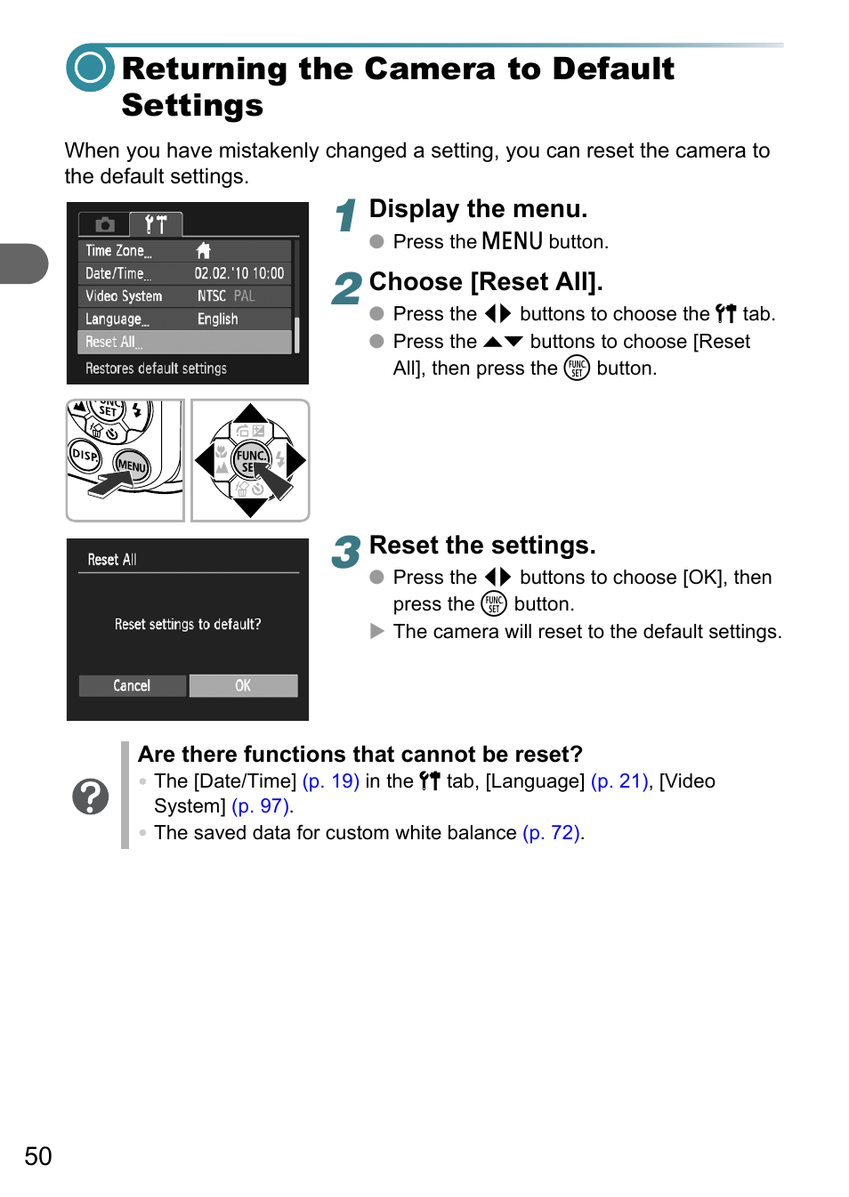 Returning the camera to default settings, Display the menu, Choose [reset all | Reset the settings | Canon A3150 IS User Manual | Page 50 / 147