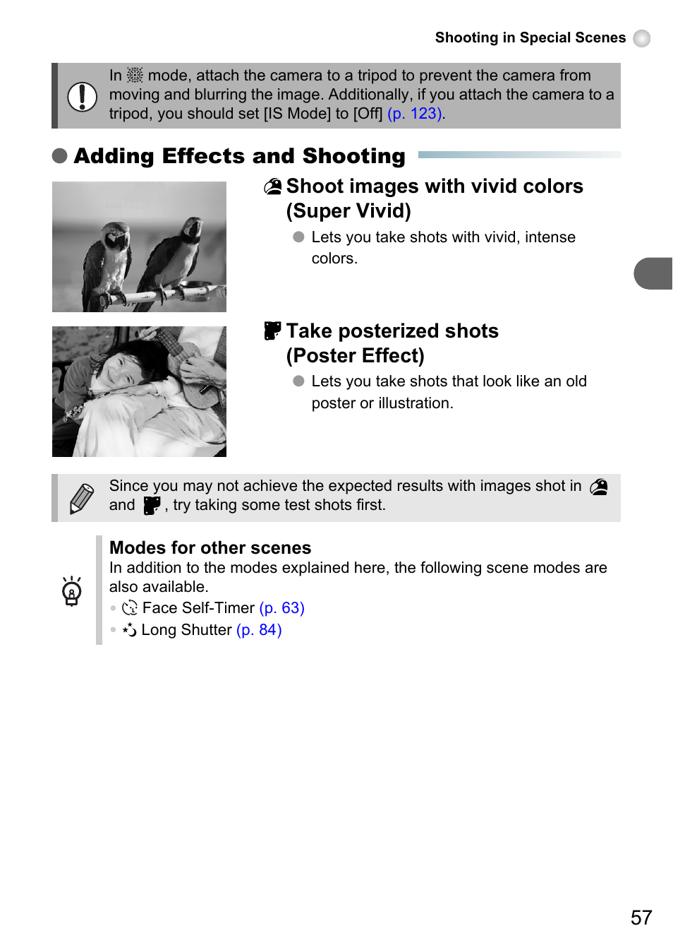 P. 57), Adding effects and shooting, Shoot images with vivid colors (super vivid) | Take posterized shots (poster effect) | Canon A3150 IS User Manual | Page 57 / 147