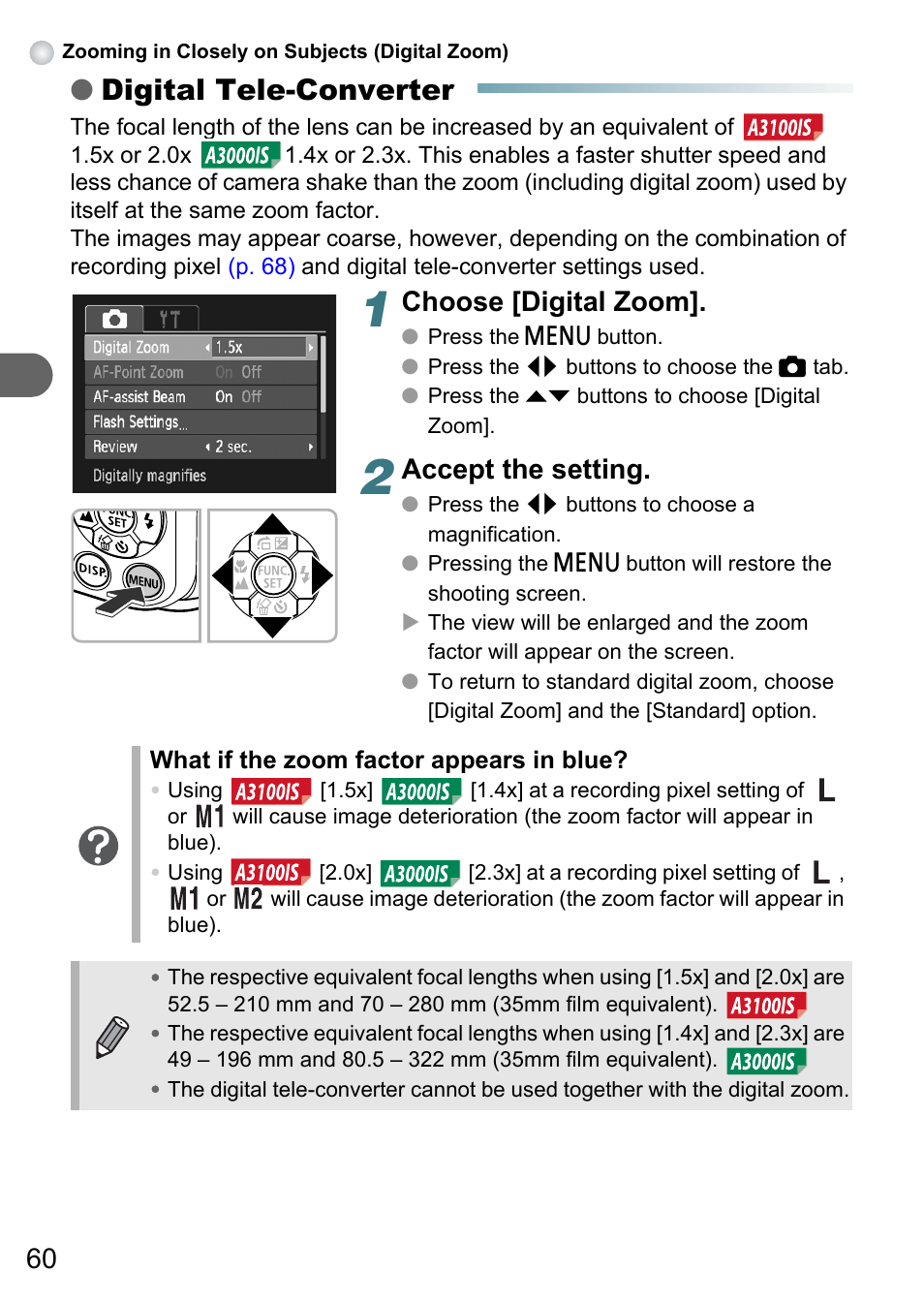 Digital tele-converter, Choose [digital zoom, Accept the setting | Canon A3150 IS User Manual | Page 60 / 147