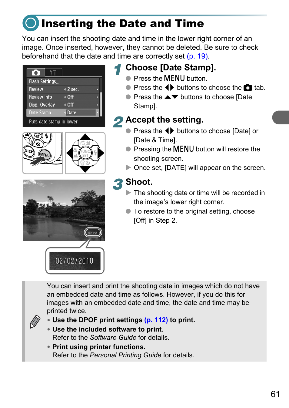 Inserting the date and time, Choose [date stamp, Accept the setting | Shoot | Canon A3150 IS User Manual | Page 61 / 147