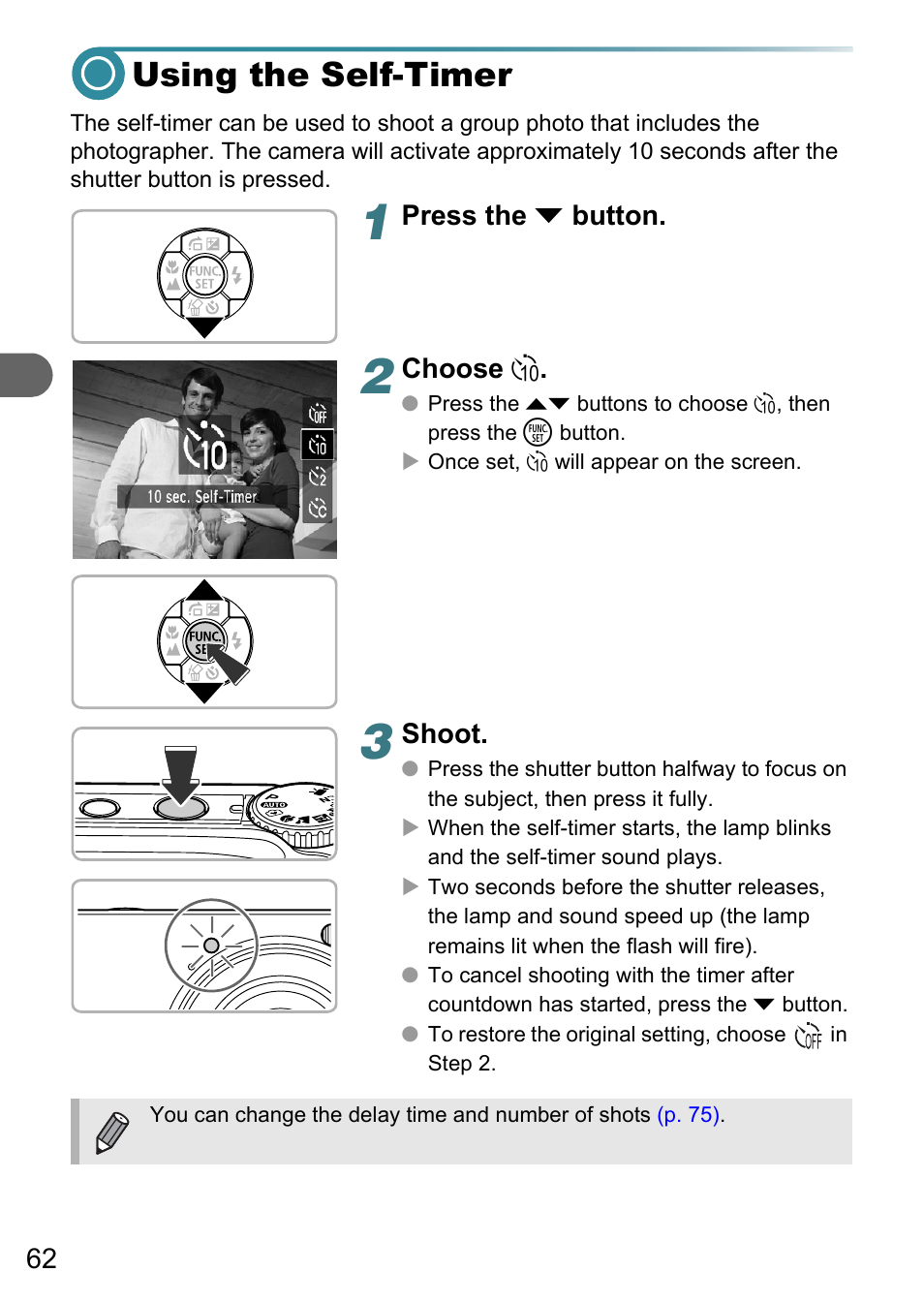 Using the self-timer, Mer), Pp. 62 | P. 62) | Canon A3150 IS User Manual | Page 62 / 147