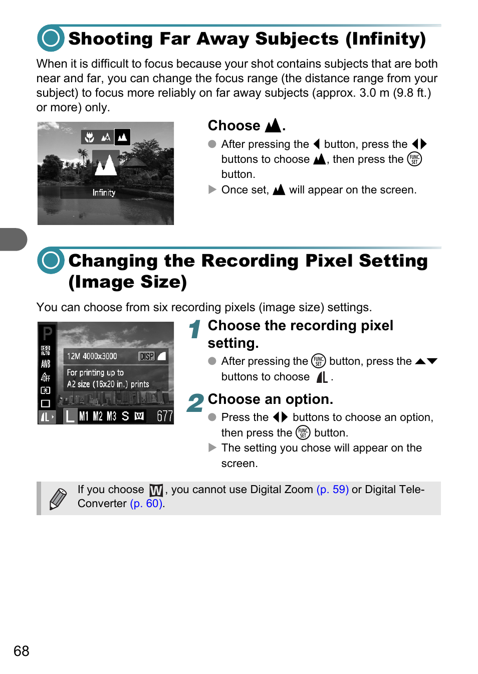 Shooting far away subjects (infinity), Changing the recording pixel setting (image size), P. 68) | Choose u, Choose the recording pixel setting, Choose an option | Canon A3150 IS User Manual | Page 68 / 147