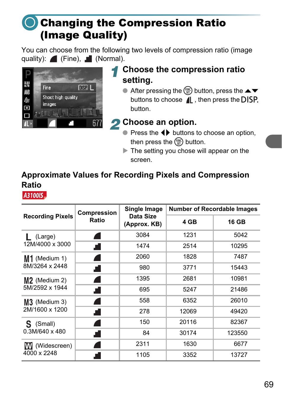 Changing the compression ratio (image quality), Choose the compression ratio setting, Choose an option | Canon A3150 IS User Manual | Page 69 / 147