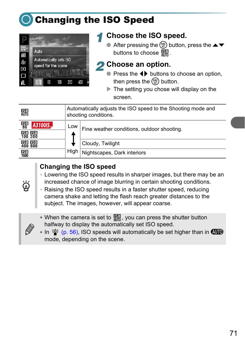 Changing the iso speed, P. 71), Choose the iso speed | Choose an option | Canon A3150 IS User Manual | Page 71 / 147