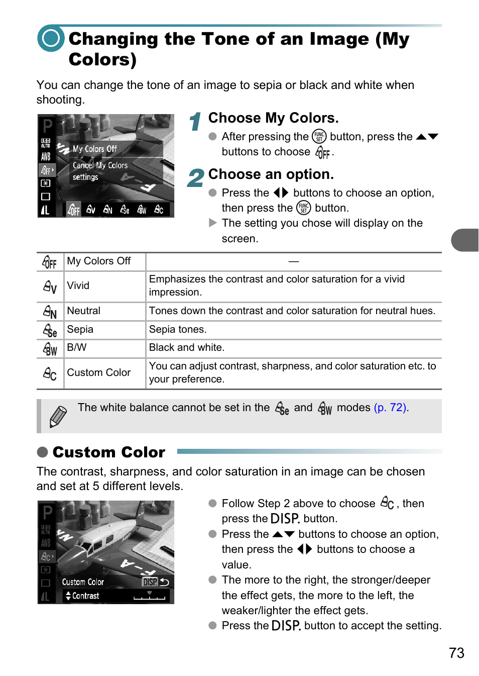 Changing the tone of an image (my colors), Custom color, Choose my colors | Choose an option | Canon A3150 IS User Manual | Page 73 / 147