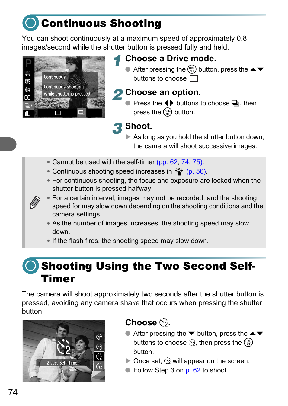 Continuous shooting, Shooting using the two second self- timer, P. 74) | Choose a drive mode, Choose an option, Shoot, Choose î | Canon A3150 IS User Manual | Page 74 / 147