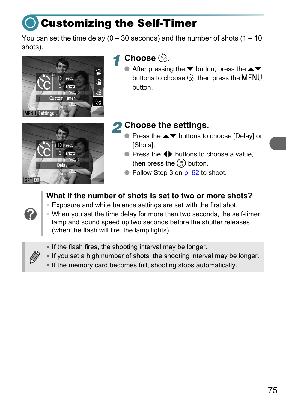 Customizing the self-timer, Choose, Choose the settings | Canon A3150 IS User Manual | Page 75 / 147