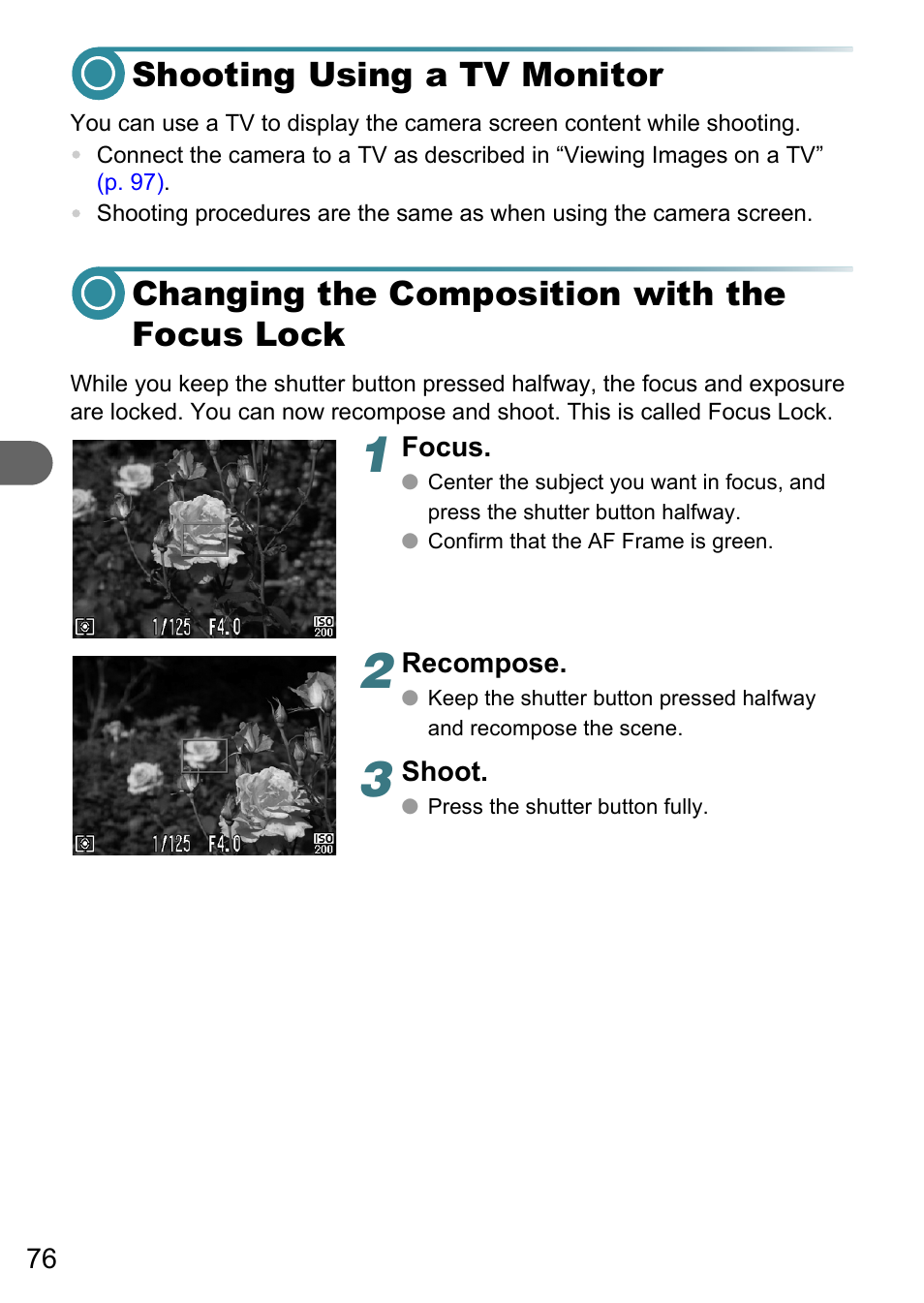 Shooting using a tv monitor, Changing the composition with the focus lock | Canon A3150 IS User Manual | Page 76 / 147