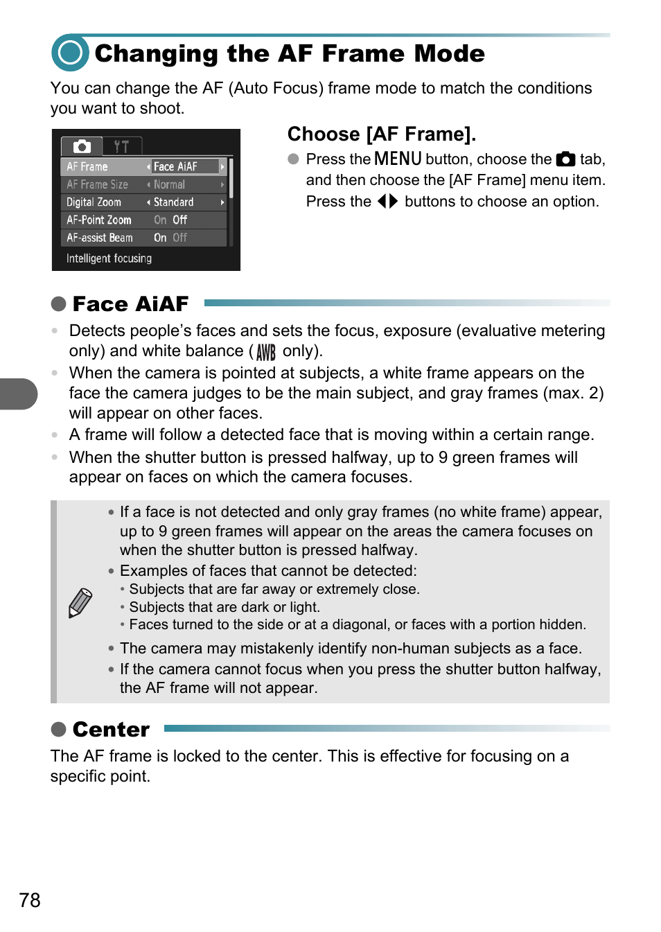 Changing the af frame mode, P. 78), Face aiaf | Center, Choose [af frame | Canon A3150 IS User Manual | Page 78 / 147