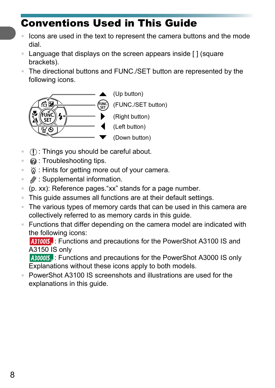 Conventions used in this guide | Canon A3150 IS User Manual | Page 8 / 147