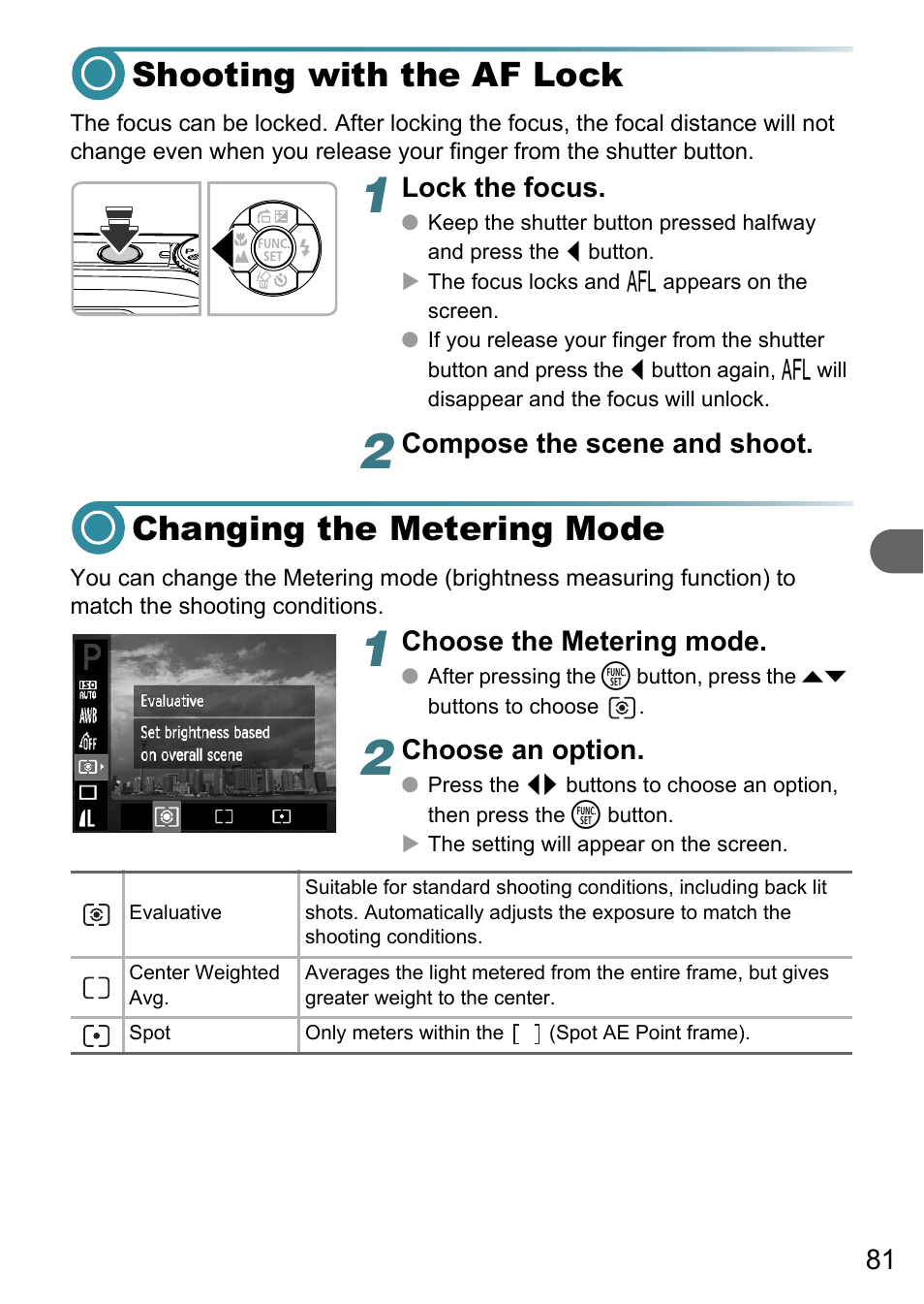 Shooting with the af lock, Changing the metering mode | Canon A3150 IS User Manual | Page 81 / 147