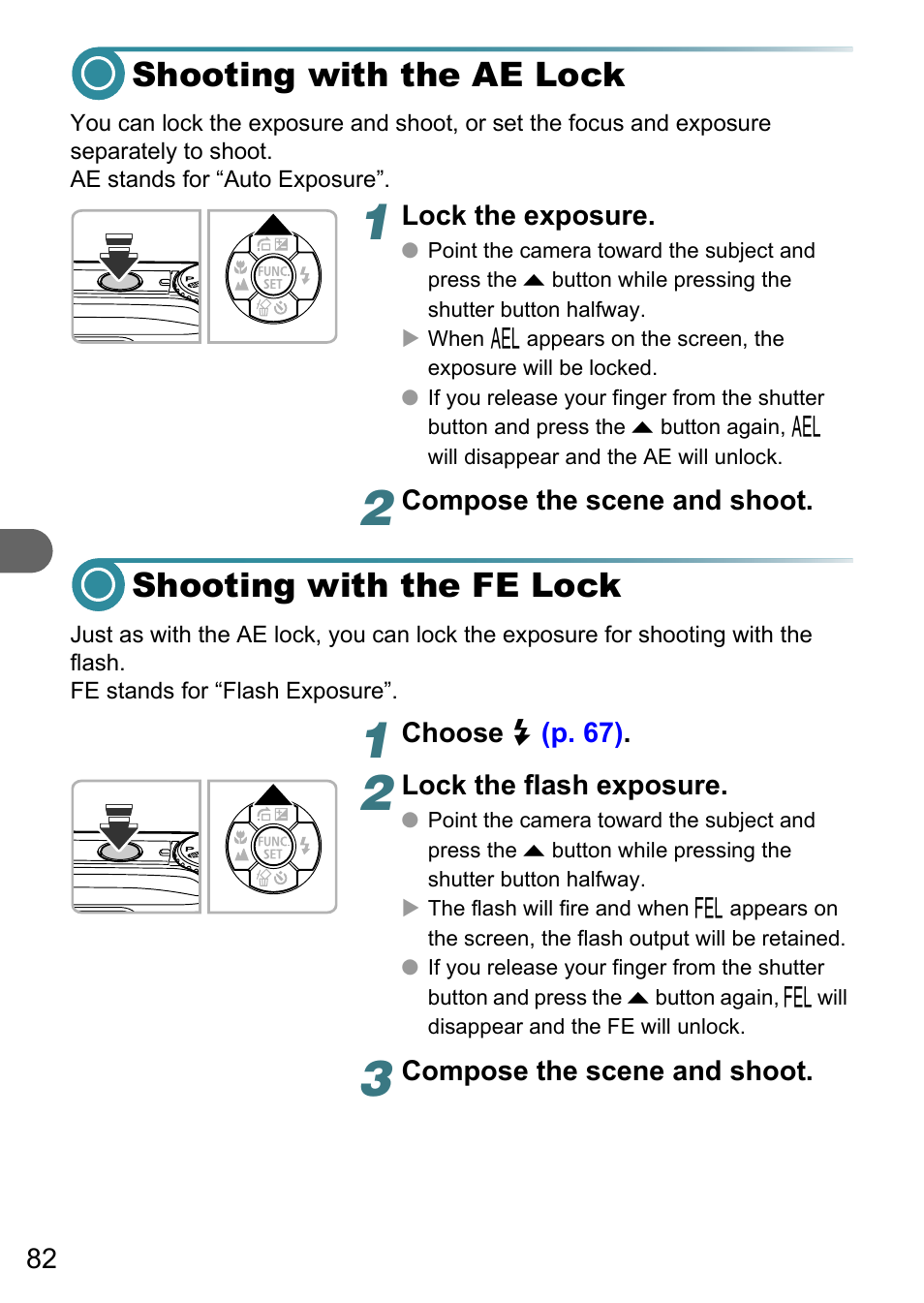 Shooting with the ae lock, Shooting with the fe lock | Canon A3150 IS User Manual | Page 82 / 147