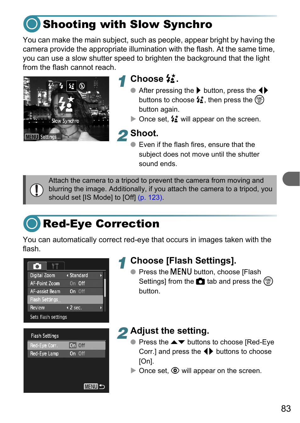 Shooting with slow synchro, Red-eye correction, Shooting with slow synchro red-eye correction | Canon A3150 IS User Manual | Page 83 / 147
