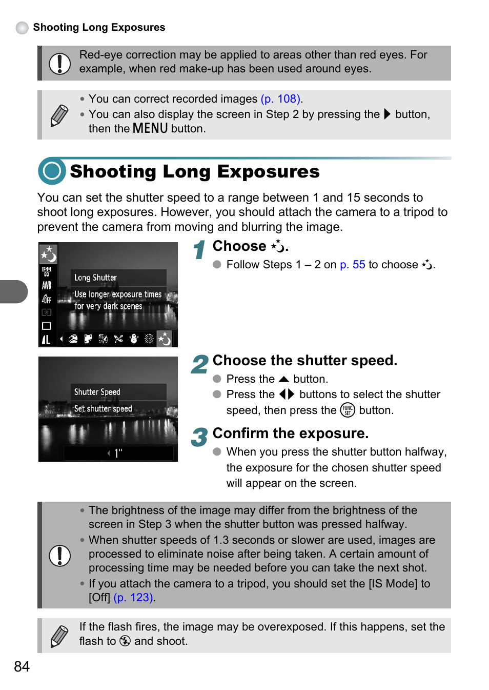 Shooting long exposures, P. 84), Choose | Choose the shutter speed, Confirm the exposure | Canon A3150 IS User Manual | Page 84 / 147