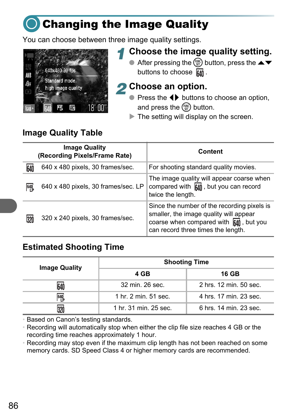 Changing the image quality, Choose the image quality setting, Choose an option | Image quality table estimated shooting time | Canon A3150 IS User Manual | Page 86 / 147