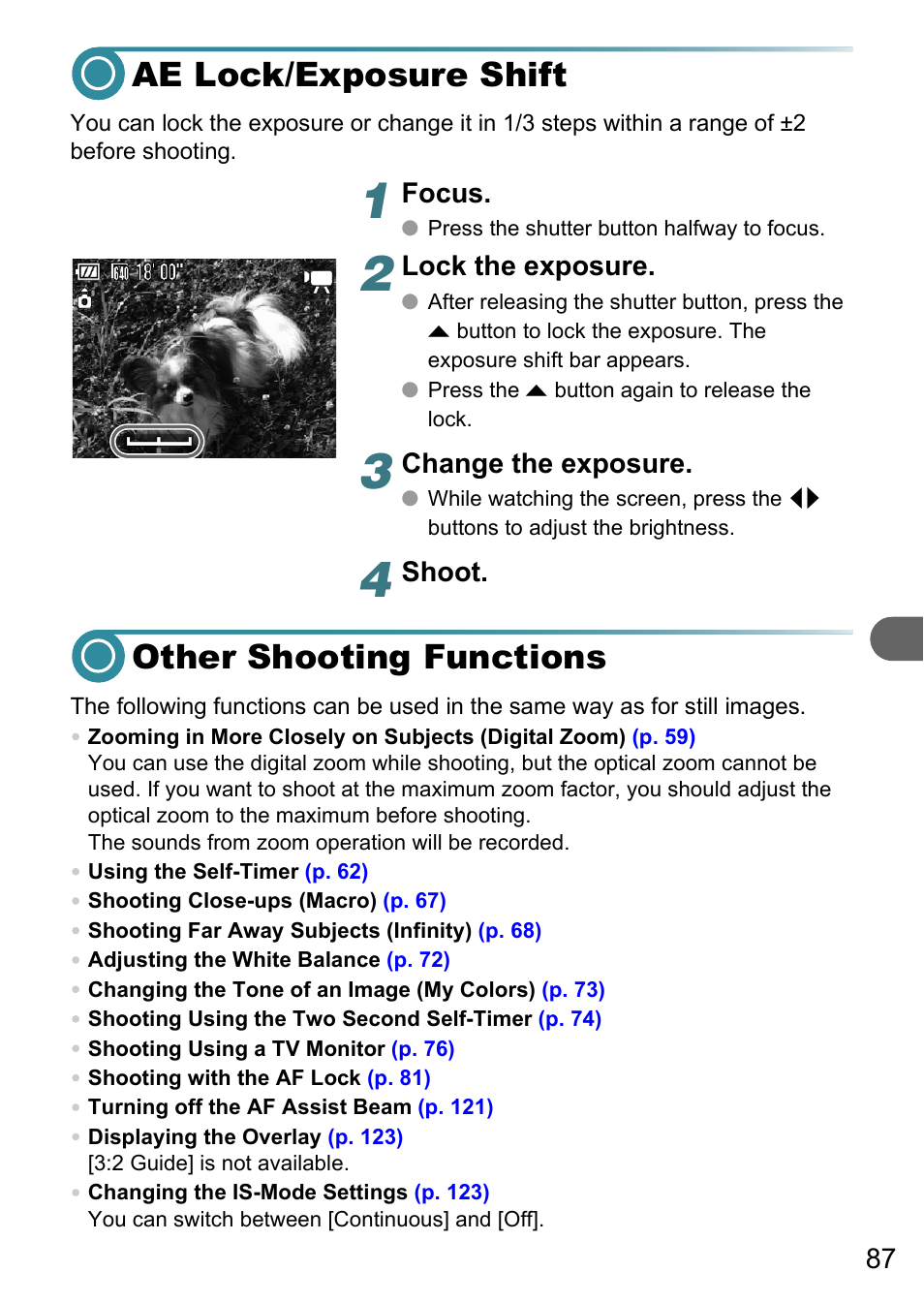 Ae lock/exposure shift, Other shooting functions, Ae lock/exposure shift other shooting functions | Focus, Lock the exposure, Change the exposure, Shoot | Canon A3150 IS User Manual | Page 87 / 147