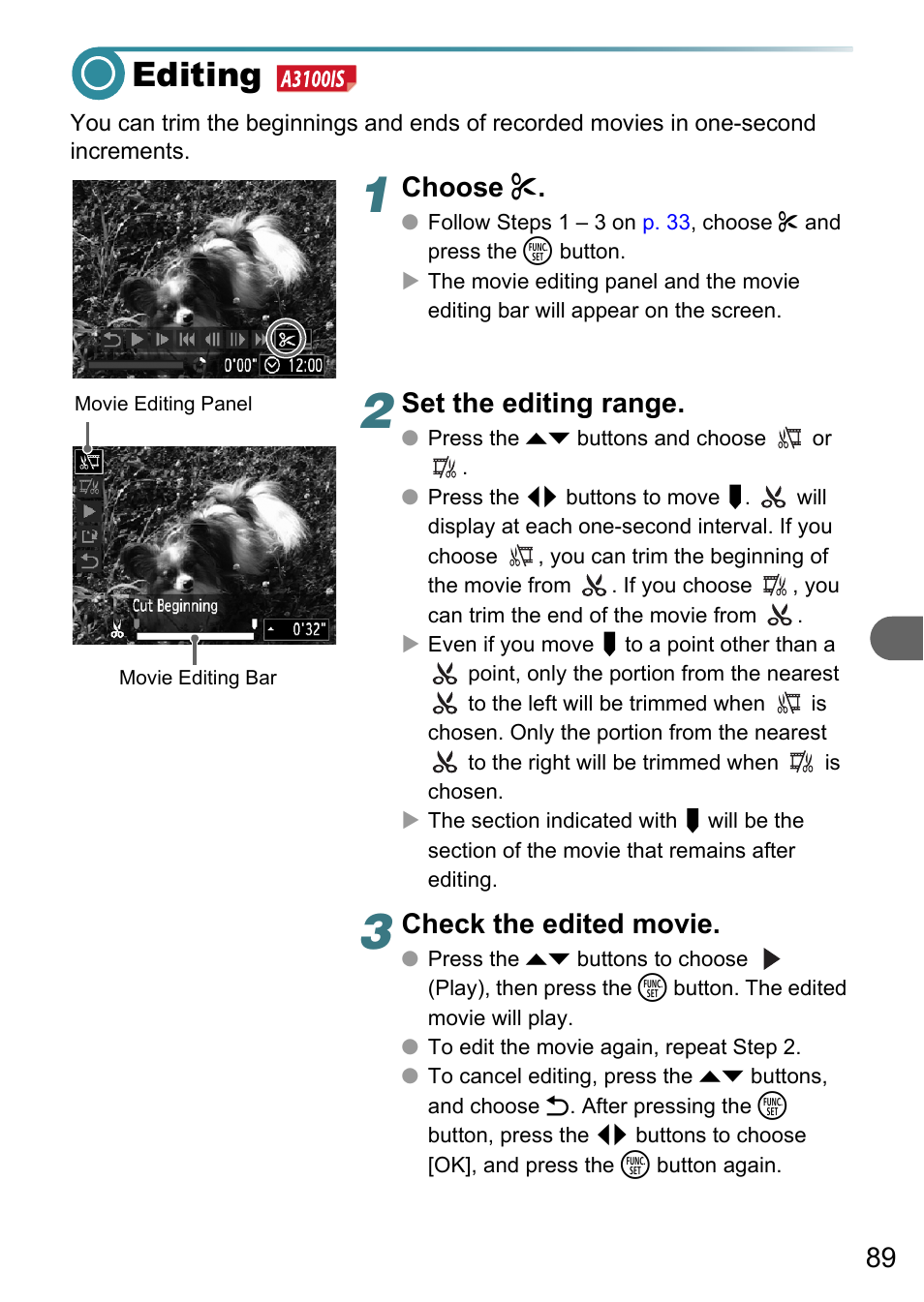 Editing, P. 89), Choose | Set the editing range, Check the edited movie | Canon A3150 IS User Manual | Page 89 / 147