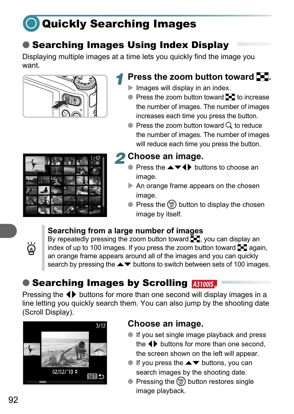Quickly searching images, Dex), P. 92) | Searching images using index display, Searching images by scrolling, Press the zoom button toward g, Choose an image | Canon A3150 IS User Manual | Page 92 / 147