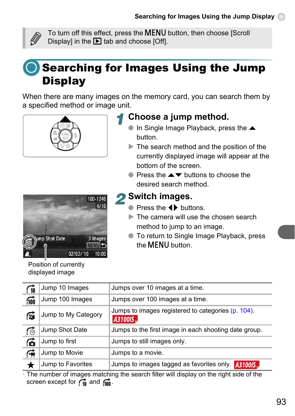 Searching for images using the jump display, Jump), P. 93) | Choose a jump method, Switch images | Canon A3150 IS User Manual | Page 93 / 147