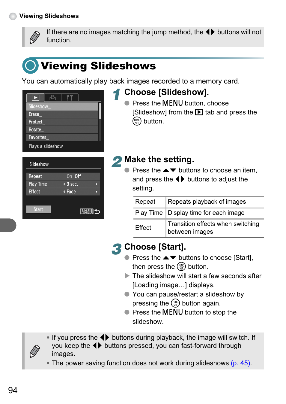 Viewing slideshows, P. 94), Choose [slideshow | Make the setting, Choose [start | Canon A3150 IS User Manual | Page 94 / 147