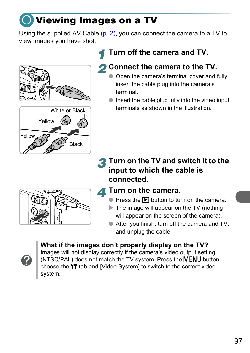 Viewing images on a tv, P. 97), Ed to a tv | Canon A3150 IS User Manual | Page 97 / 147