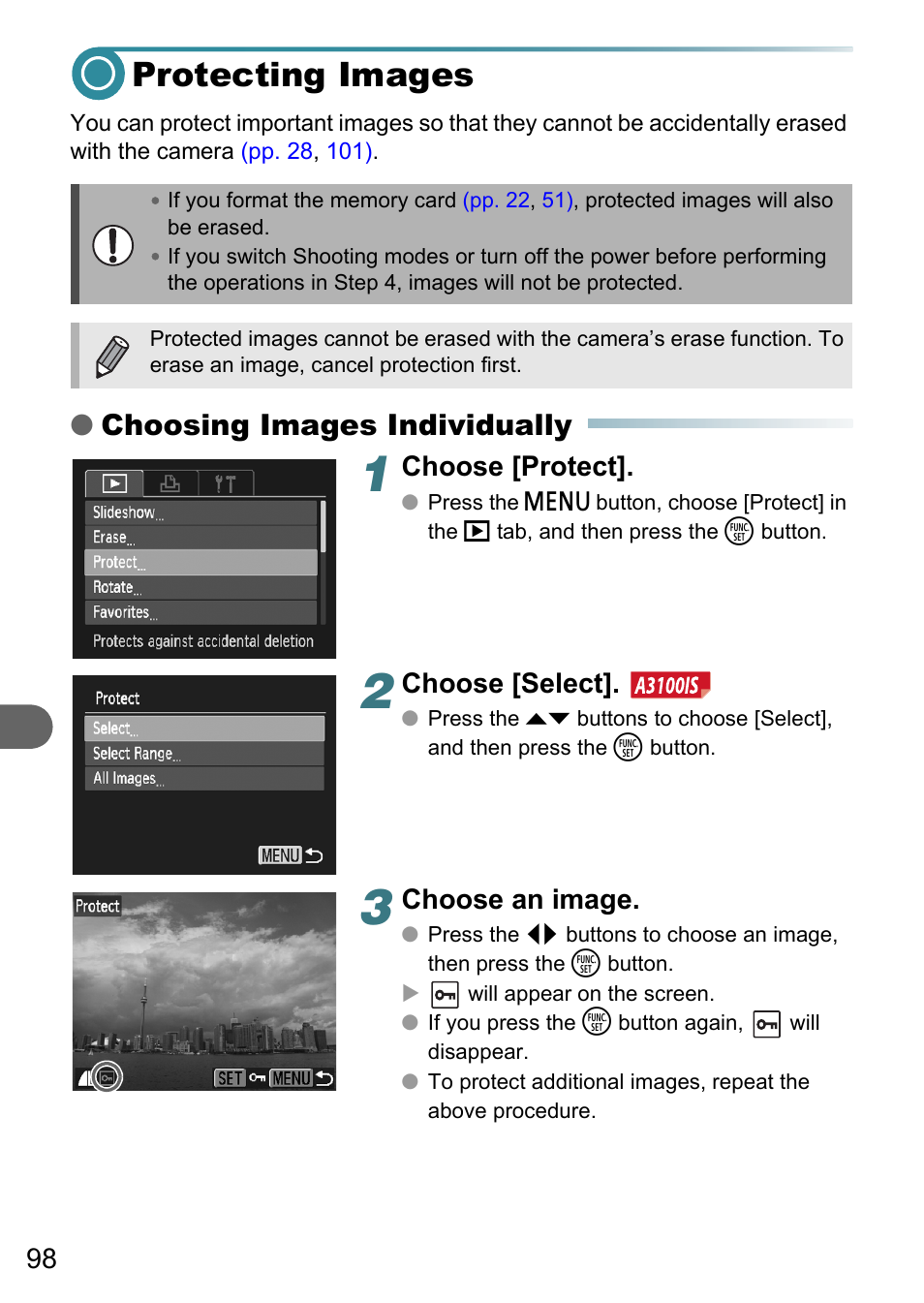 Protecting images, P. 98), Choosing images individually | Choose [protect, Choose [select, Choose an image | Canon A3150 IS User Manual | Page 98 / 147